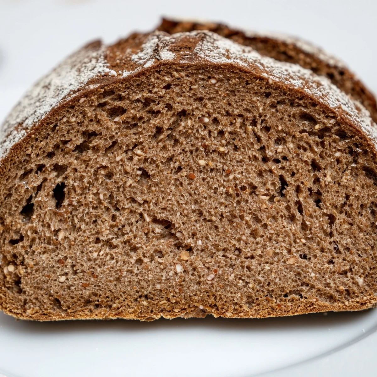 This warm photo of Latvian Rupjmaize bread shows its dense interior, perfect for toasting and enjoying.