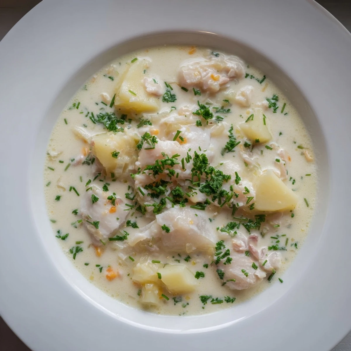 Steaming hot Icelandic Fish Stew, a creamy, savory soup with flaky white fish, potatoes, and herbs.