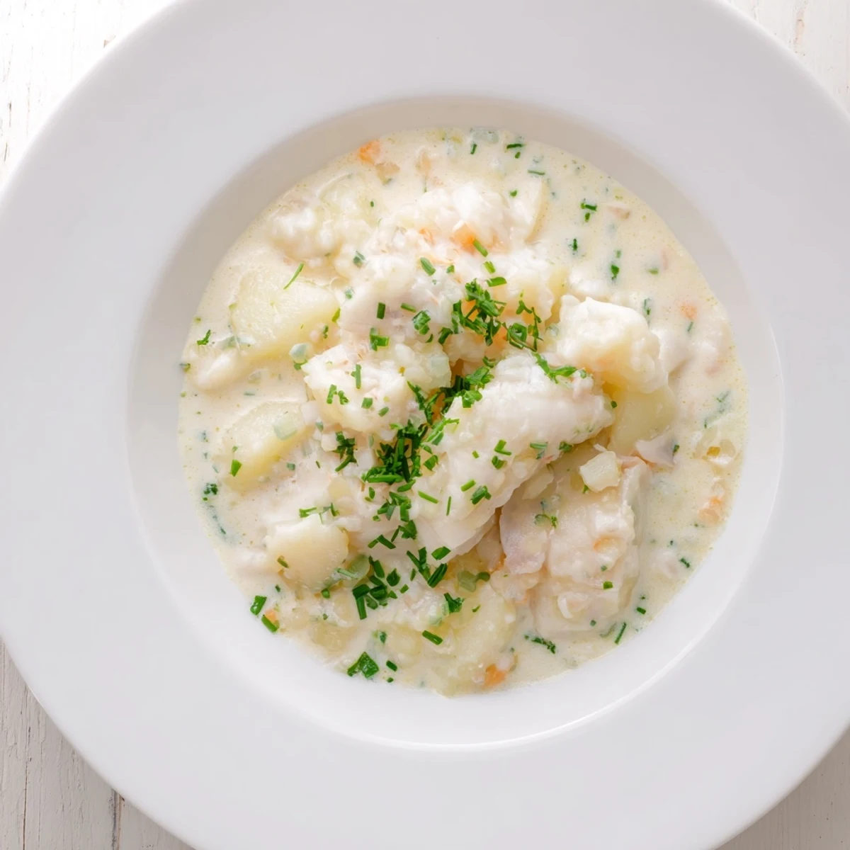 A bowl of Icelandic Fish Stew, garnished with fresh chives, inviting a warm, comforting meal.