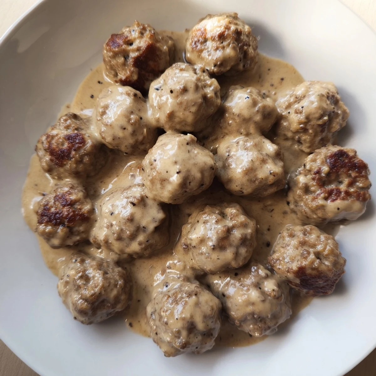Golden-brown Swedish Meatballs swimming in a creamy, savory gravy, ready to be served.