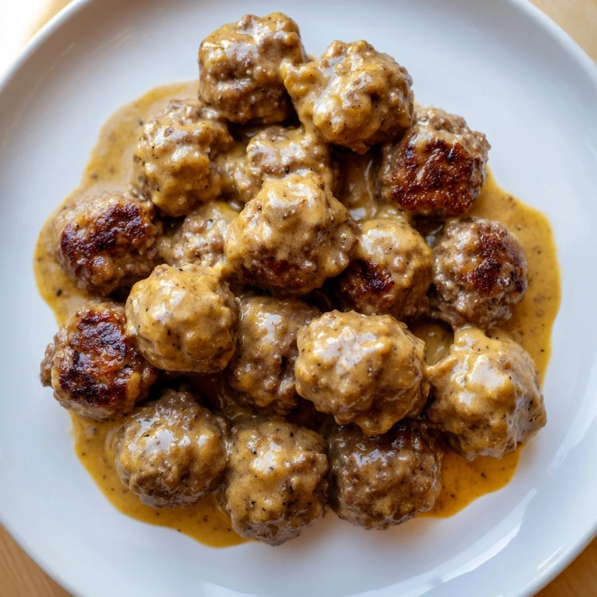 A close-up of tender Swedish Meatballs with rich sauce, ideal alongside fluffy mashed potatoes.