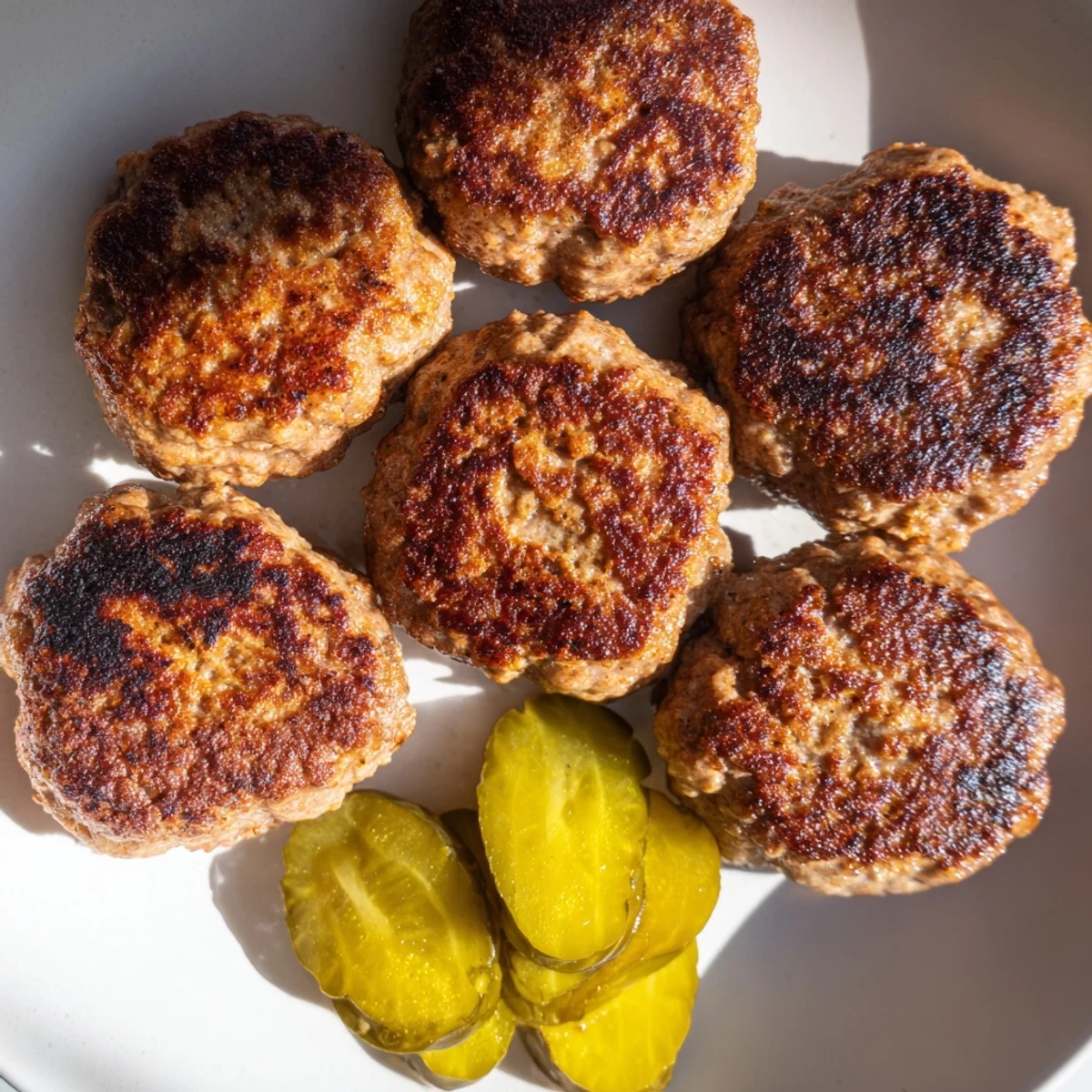 Golden-brown pan-fried Danish Frikadeller meatballs, ready to be served with tangy pickles and rye bread.