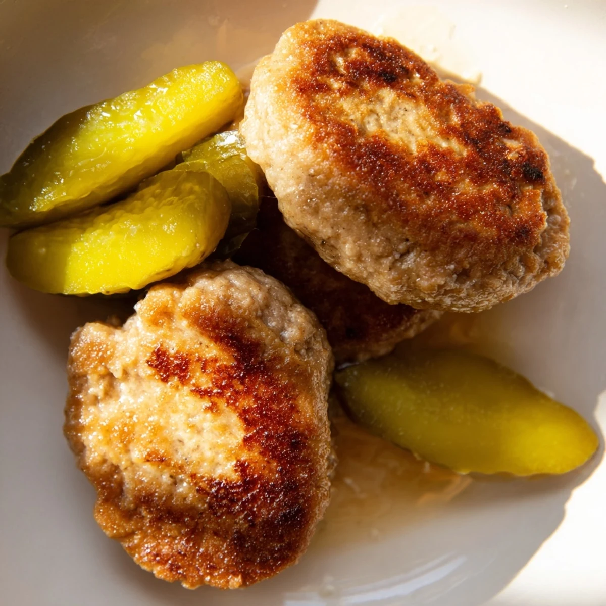 Freshly cooked Danish Frikadeller meatballs, showcasing a lovely golden crust, ideal alongside flavorful pickle accompaniments.