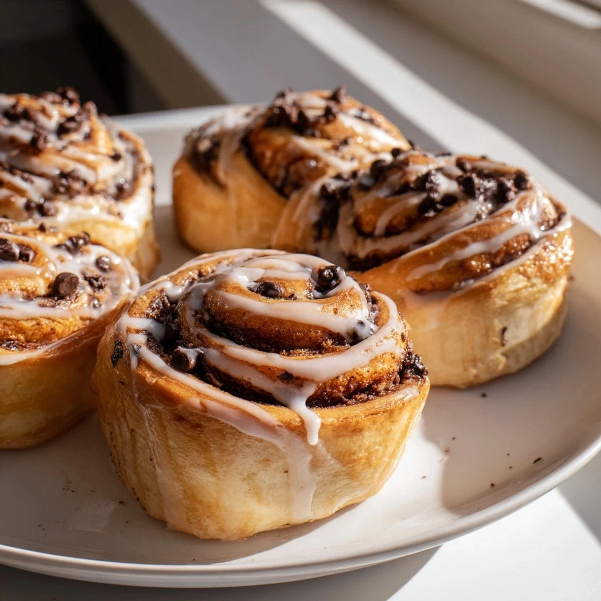 Dusted with powdered sugar, these Nutella chocolate chip rolls are ready to serve with a cold glass of milk.