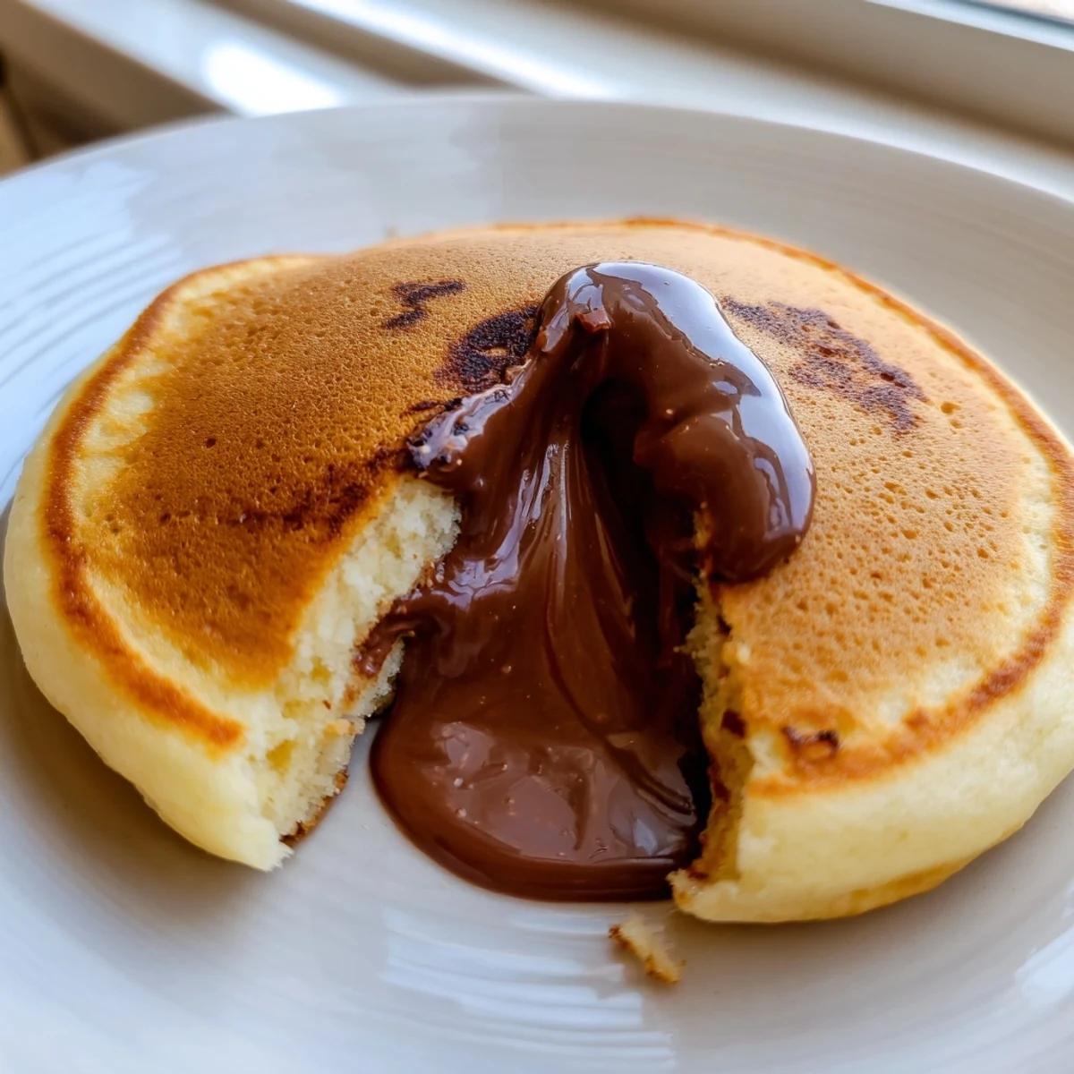 Golden-brown Nutella Stacked Pancakes, fluffy and dripping with warm hazelnut spread, served fresh for a decadent breakfast.  