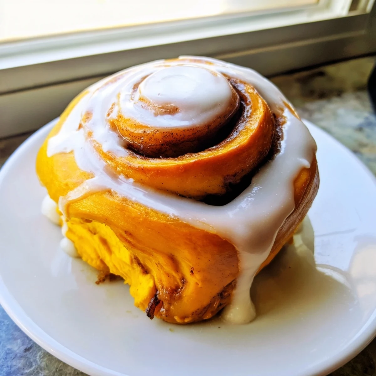 Freshly baked Pumpkin Cinnamon Rolls, swirled with spiced sugar and topped with luscious cream cheese frosting, arranged on a rustic wooden board.  