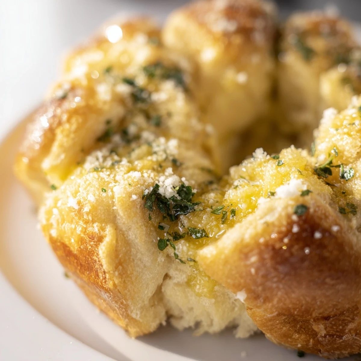 Freshly baked Garlic Butter Bread Pull-Apart rolls glistening with melted butter and flecks of parsley.
