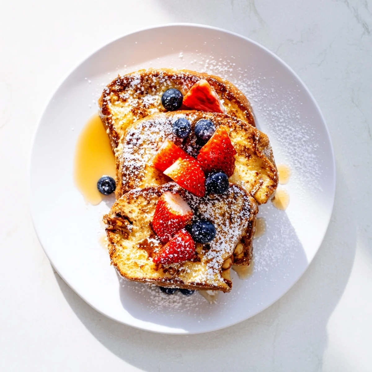 Golden-brown Nutella Brioche French Toast slices, dusted with powdered sugar and topped with fresh berries on a white plate.  