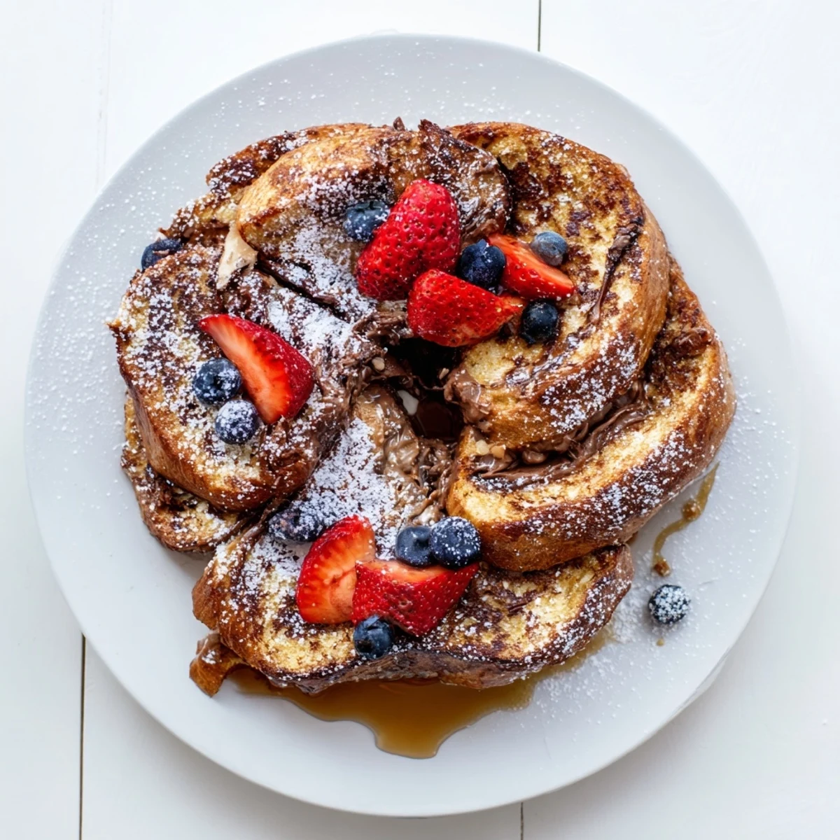 A close-up of Nutella Brioche French Toast showing melted chocolate spread and fluffy brioche layers on a rustic table.  