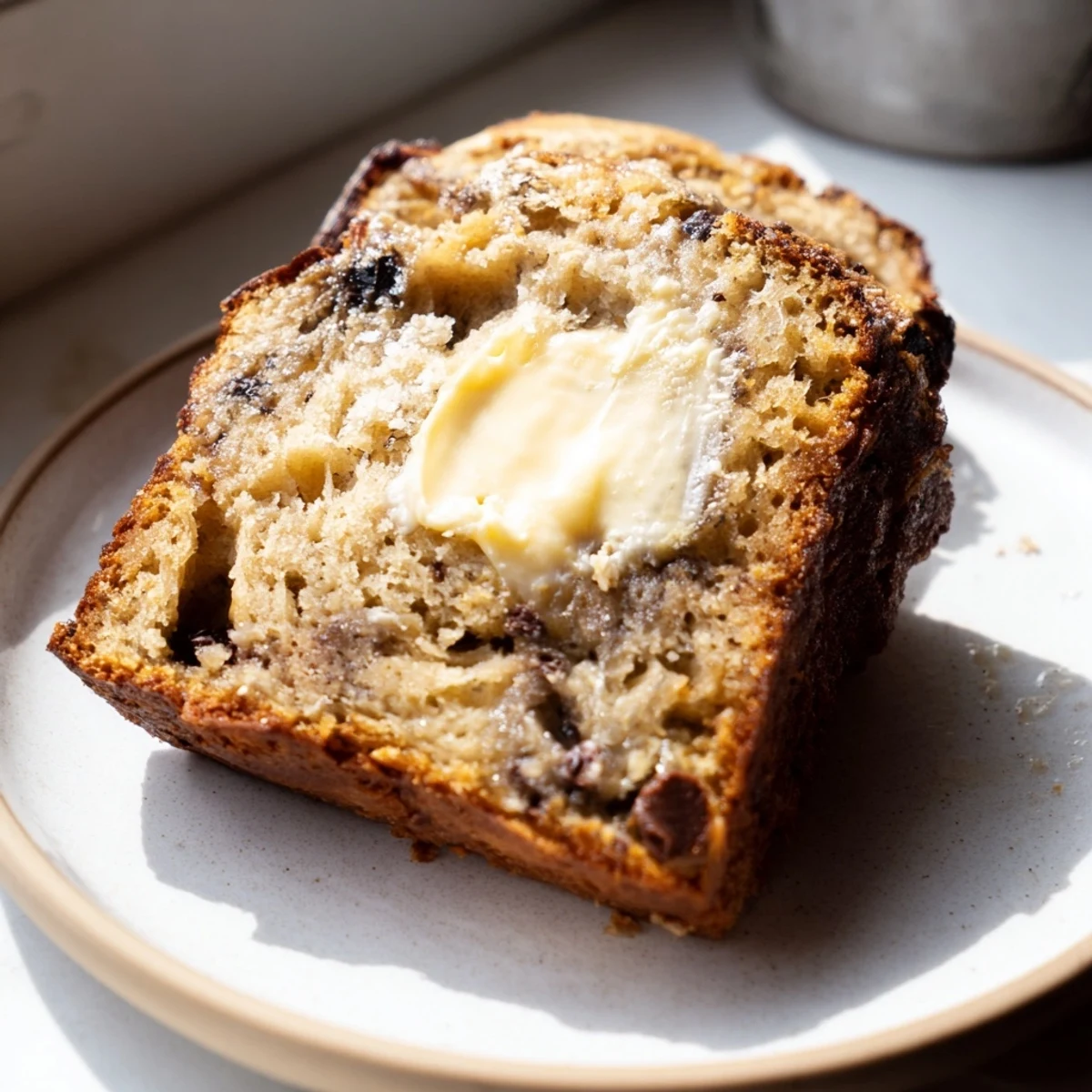A slice of moist banana bread with chocolate chips on a white plate, ideal for breakfast or an afternoon snack.