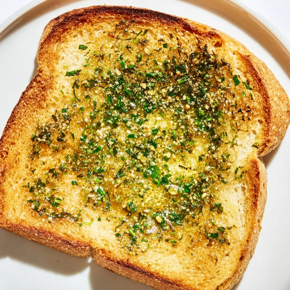 Warm Herb Butter Toast on a plate with fresh herbs, ready for an appetizing snack.