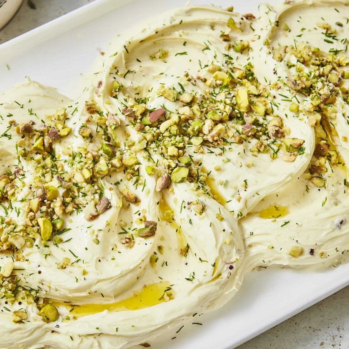 A close-up of the Flavored Butter Board Charcuterie spread, with creamy butter, chopped nuts, and a honey drizzle on a rustic wooden board.