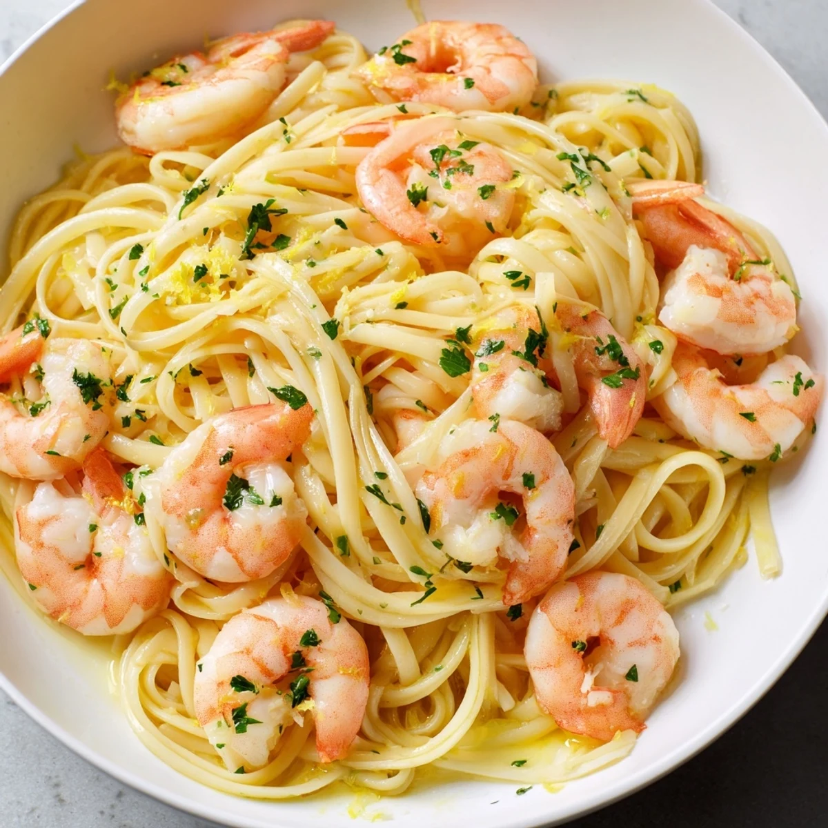 Al dente linguine coated in a rich garlic butter sauce, topped with succulent shrimp and fresh parsley for an easy Italian-American dinner.
