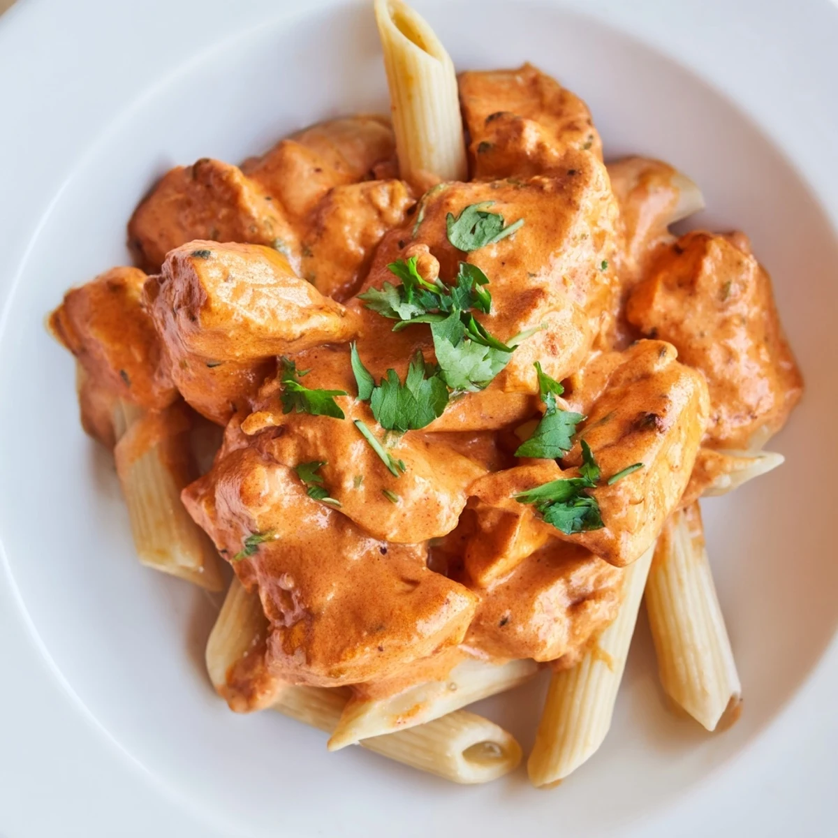 Creamy Chicken Tikka Pasta with tender marinated chicken pieces and penne coated in a spiced tomato cream sauce.
