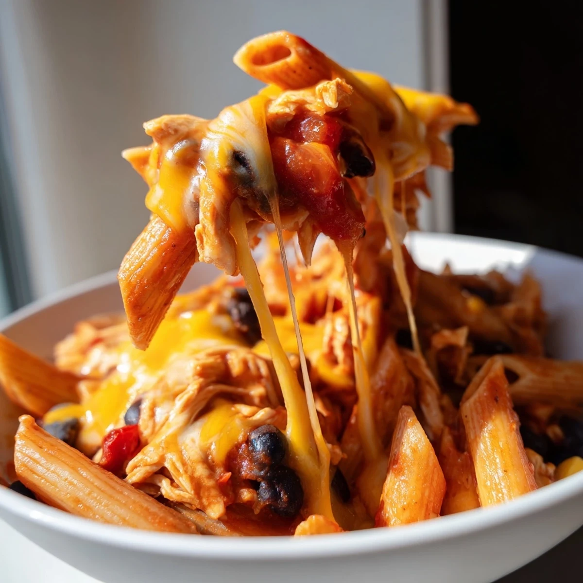 Steamy bowls of Chicken Enchilada Pasta feature shredded chicken, black beans, and penne coated in vibrant red sauce.  