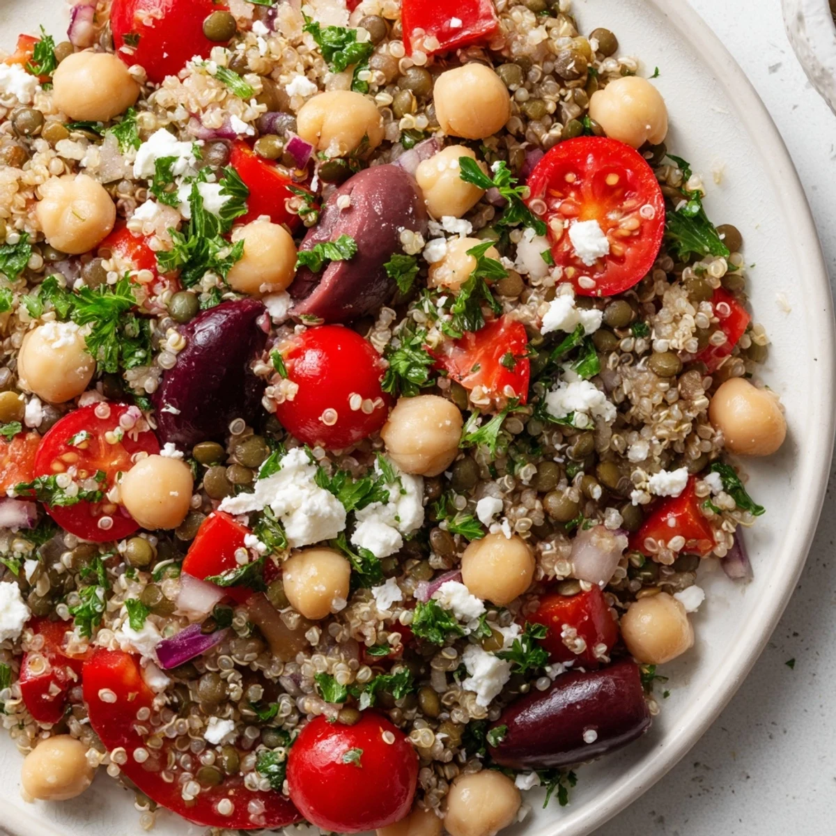Freshly prepared Greek Power Salad showcases fluffy quinoa, tender lentils, and crisp chickpeas with cherry tomatoes, cucumber, and feta, all tossed in a zesty oregano vinaigrette.