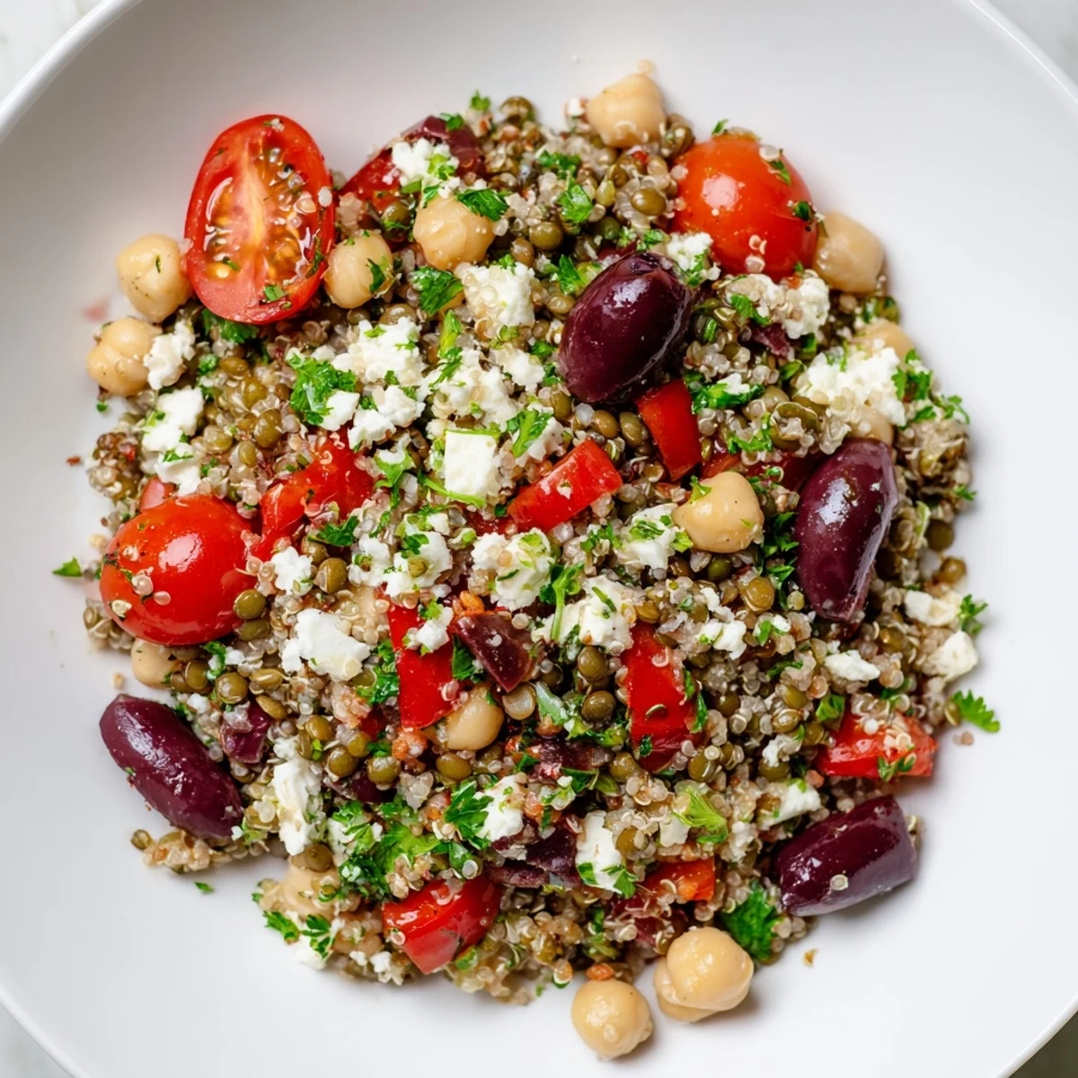 Vibrant bowl of Greek Power Salad features bright red bell peppers, Kalamata olives, and crumbled feta cheese, offering a Mediterranean-inspired, protein-packed meal perfect for a healthy lunch.