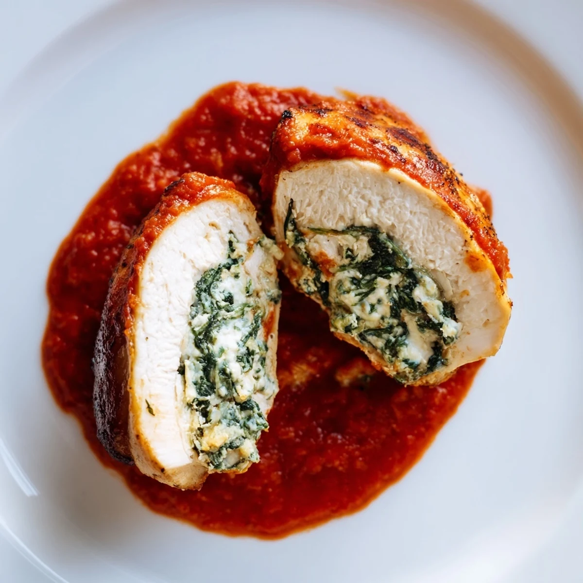 Golden-baked Spinach Ricotta Stuffed Chicken breasts in rich tomato sauce on a rustic plate, garnished with fresh basil.