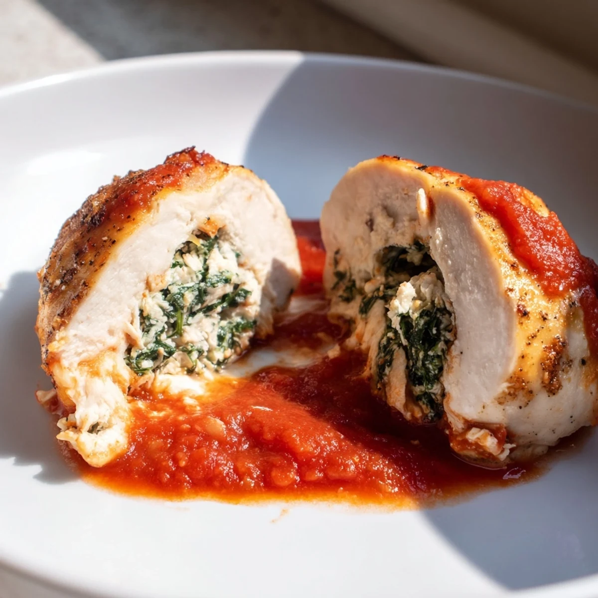 Tender Spinach Ricotta Stuffed Chicken with a creamy green filling, paired with crusty bread for dipping.