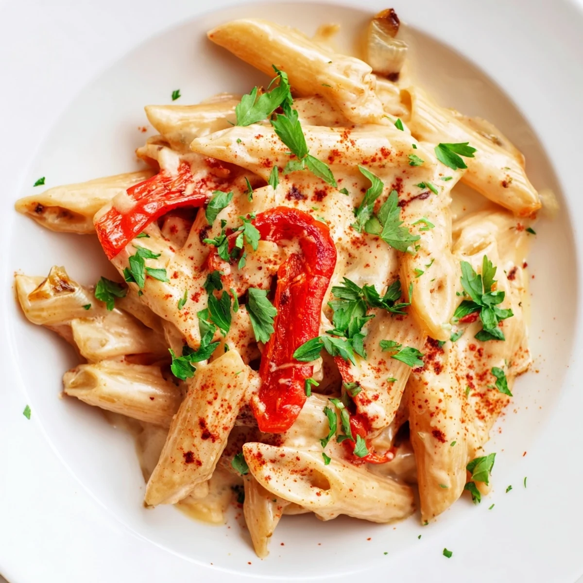 Creamy Cajun pasta with tender roasted bell peppers and a rich, smoky sauce in a skillet.