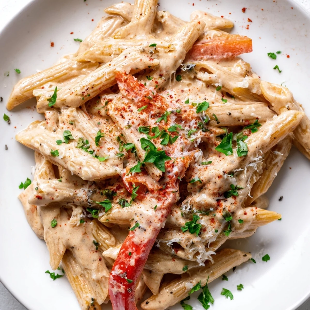 Steaming Creamy Cajun pasta in a creamy sauce, tossed with colorful peppers for a comforting meal.