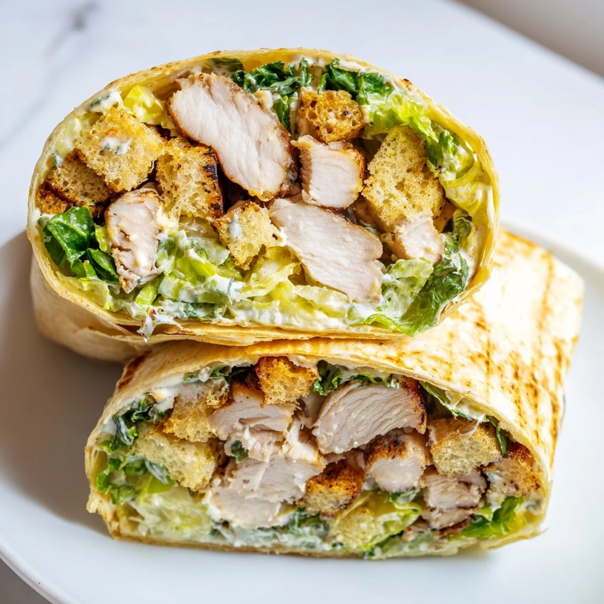 Handheld Caesar Chicken Salad Wrap served with fresh romaine and extra parmesan, perfect for lunch or a picnic.