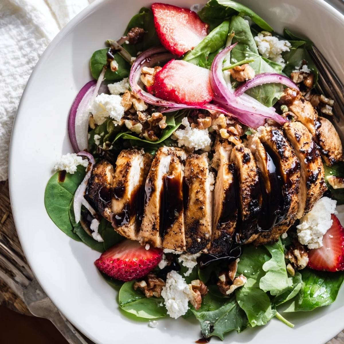 Sliced grilled chicken with honey balsamic glaze on mixed greens with strawberries and creamy goat cheese.