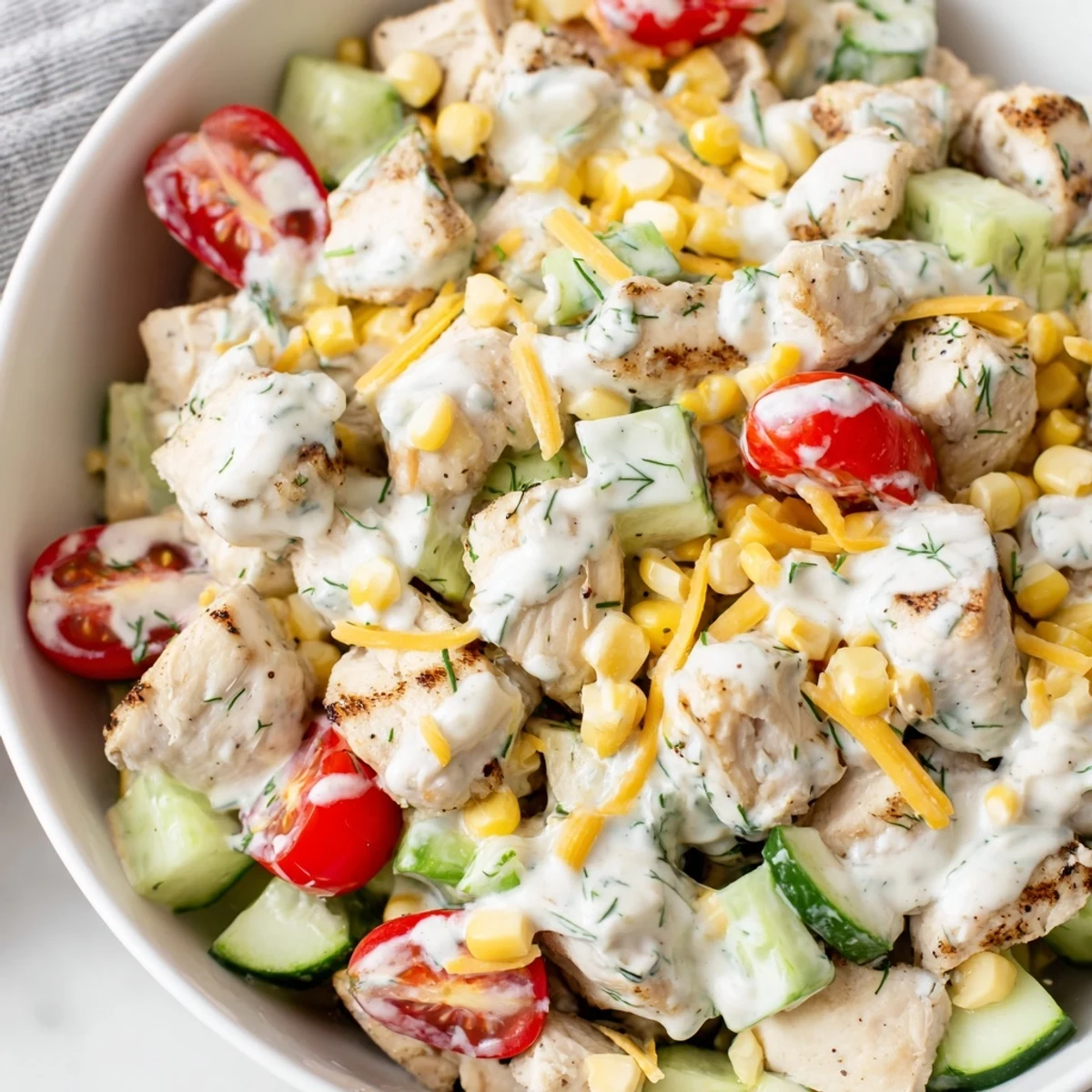 A close-up of Ranch Chicken Chopped Salad in a white bowl, featuring juicy chicken, bright red tomatoes, and fresh chives.