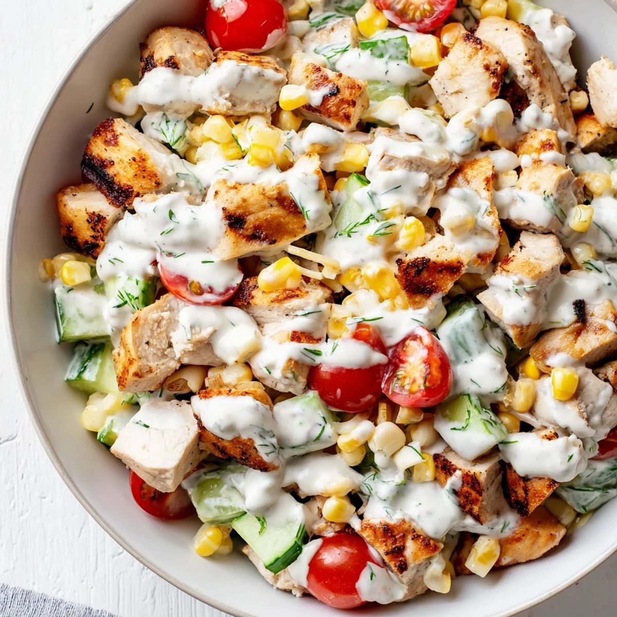 A hearty serving of Ranch Chicken Chopped Salad topped with creamy Greek yogurt ranch dressing, perfect for a light dinner.