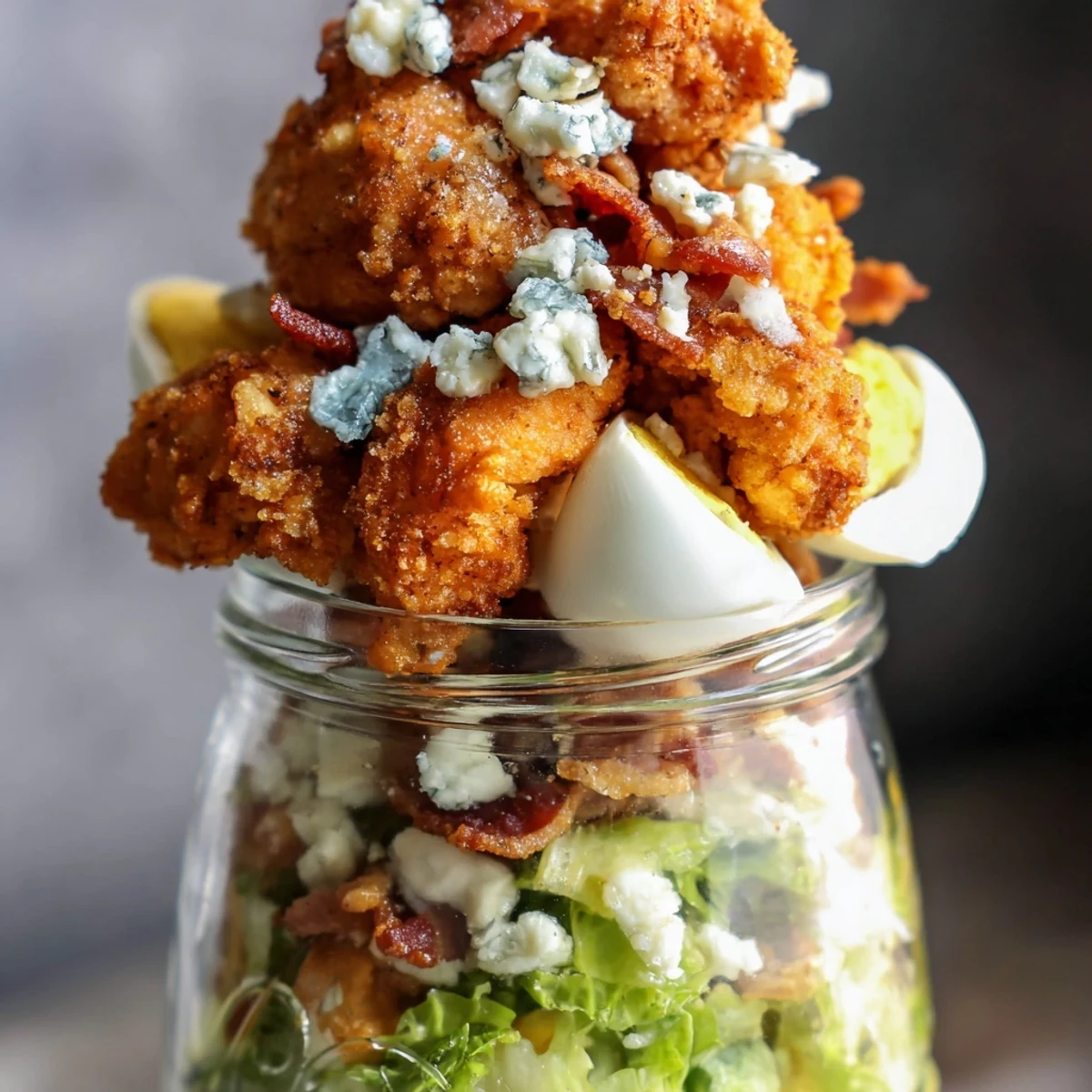 Layers of crisp romaine, juicy baked chicken bites, hard-boiled egg, smoky bacon, and tangy blue cheese shine in this portable Crispy Chicken Cobb Jar Salad.