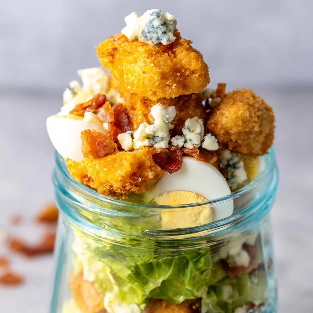 Ready-to-go lunch: layered Crispy Chicken Cobb Jar Salad with hard-boiled egg, crumbled bacon, diced avocado, and tangy dressing, perfect for busy weekday meals.