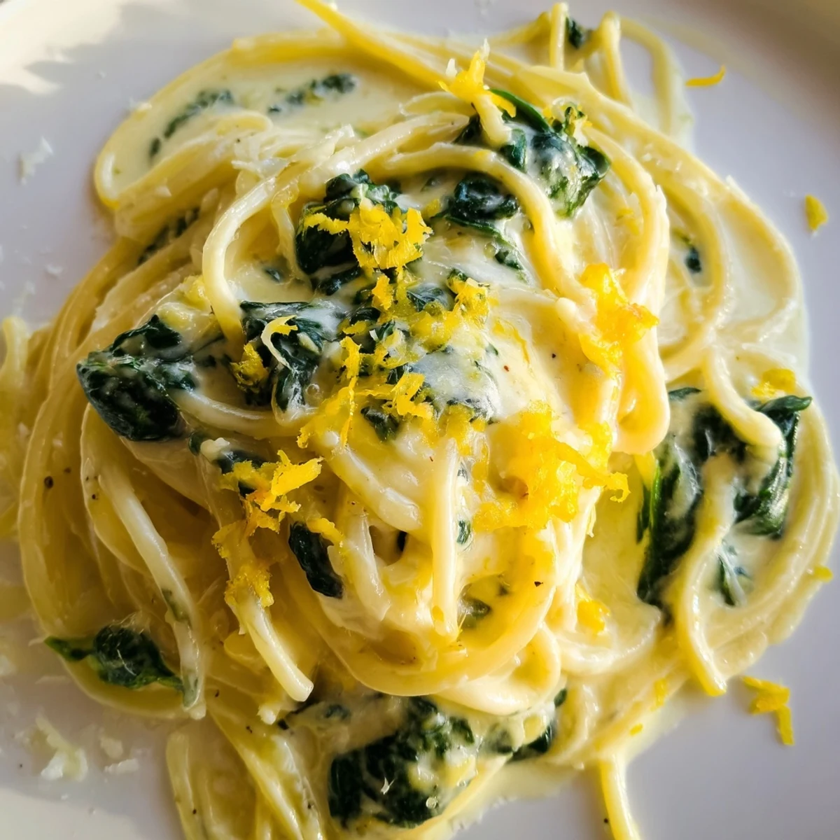 Creamy Lemon Spinach Spaghetti twirled on a fork with wilted greens and a glossy lemon cream sauce, ready to serve.