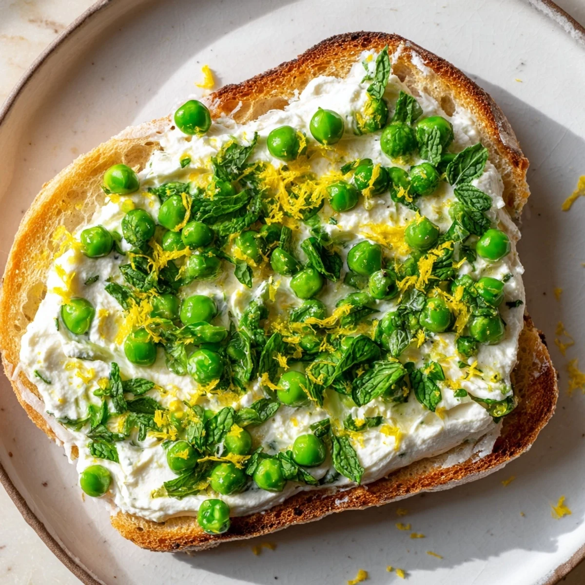 Crispy golden sourdough slices topped with creamy pea and mint ricotta spread and fresh lemon zest, perfect for a light brunch.