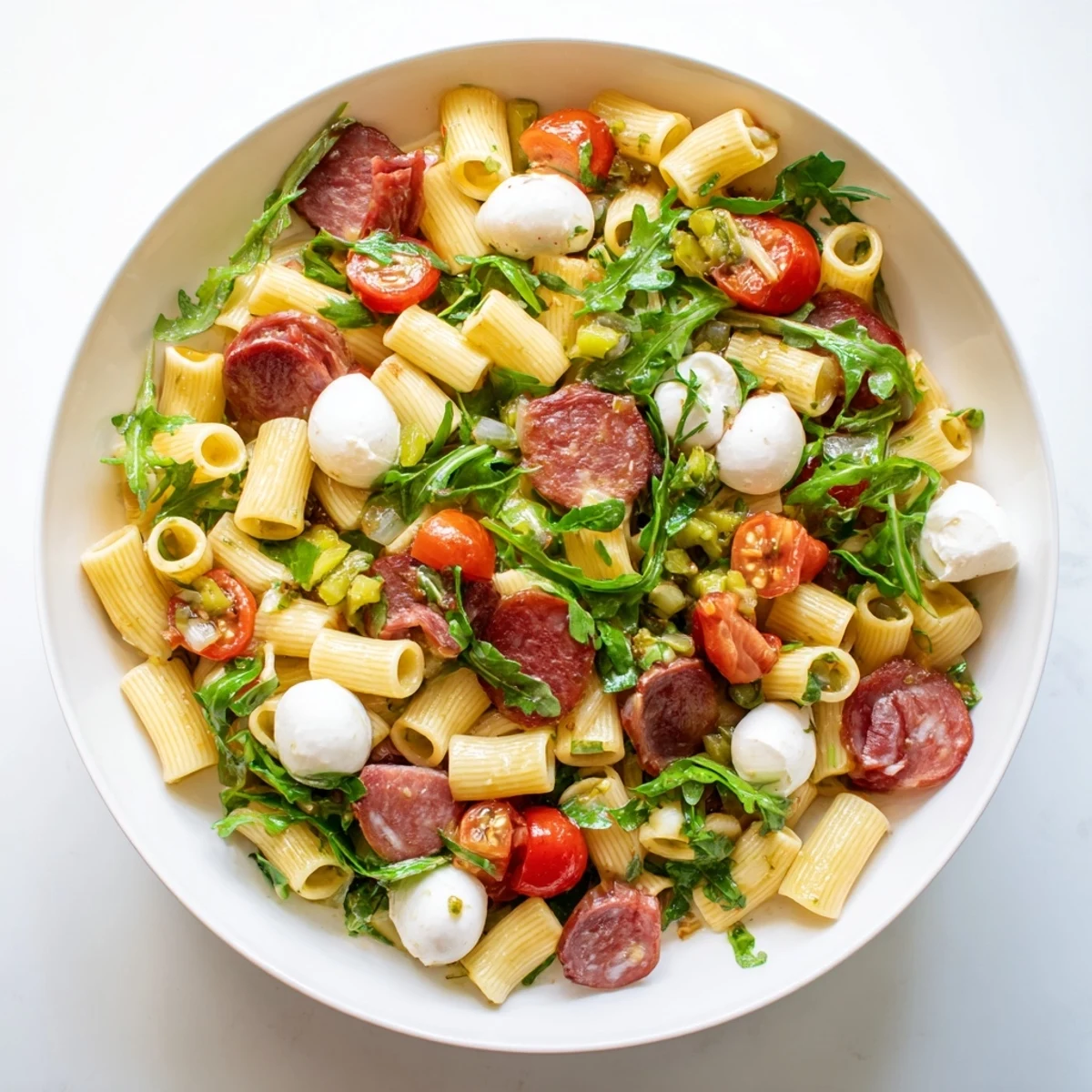 Spring Antipasto Pasta Salad served in a white bowl, featuring colorful cherry tomatoes, savory salami, and tangy pickled vegetables for a perfect spring gathering.