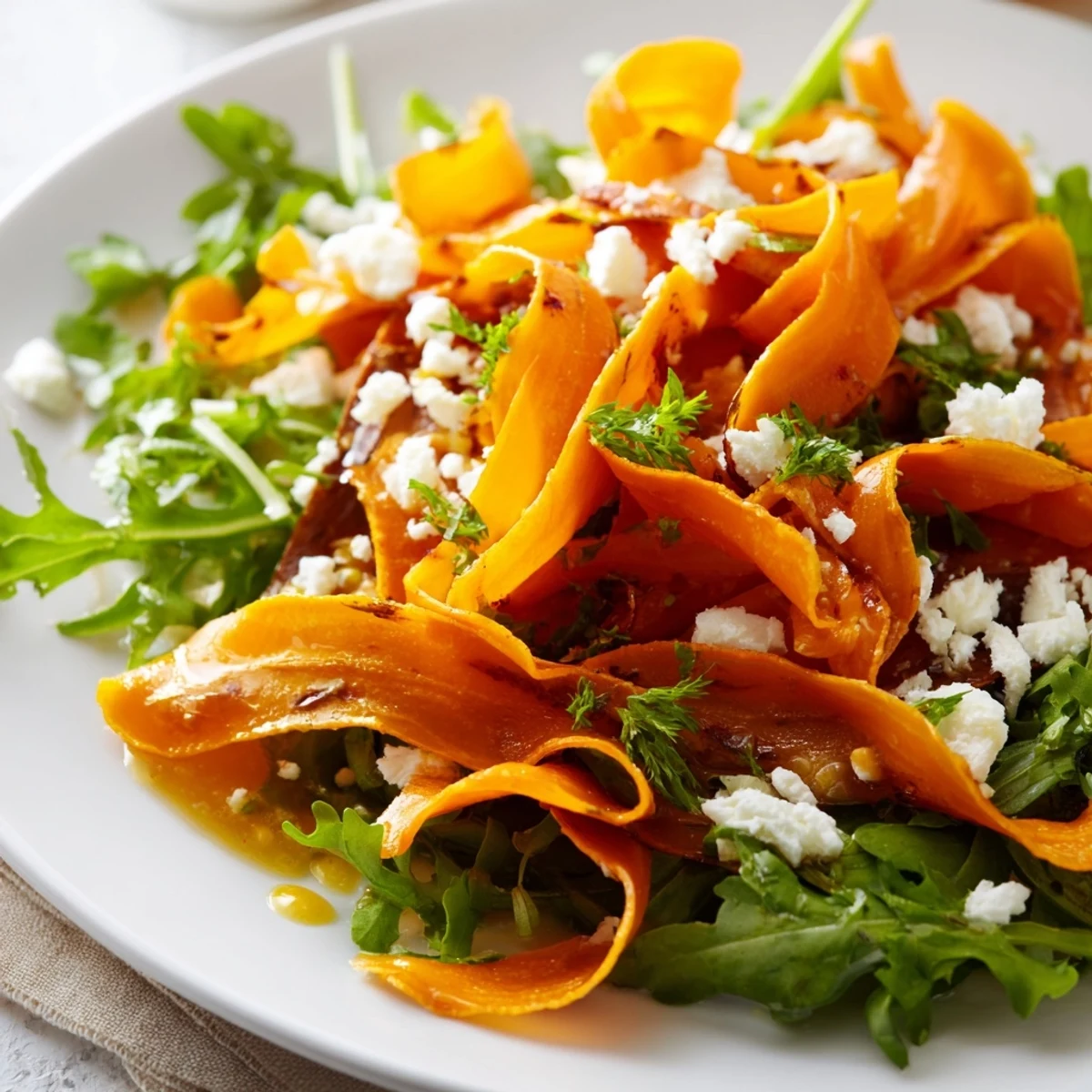 Golden roasted carrot ribbons over spring mix, topped with honey–mustard vinaigrette and feta cheese.