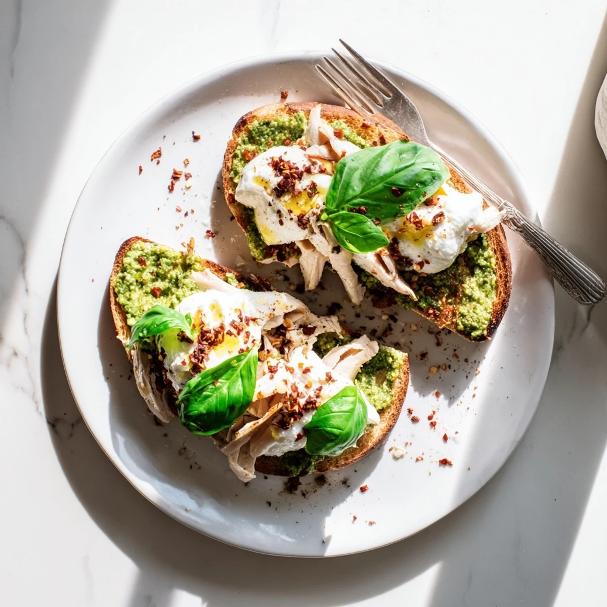 Golden Pesto Chicken Burrata Toast features crispy sourdough topped with zesty basil pesto, tender chicken slices, and creamy burrata, garnished with fresh basil.