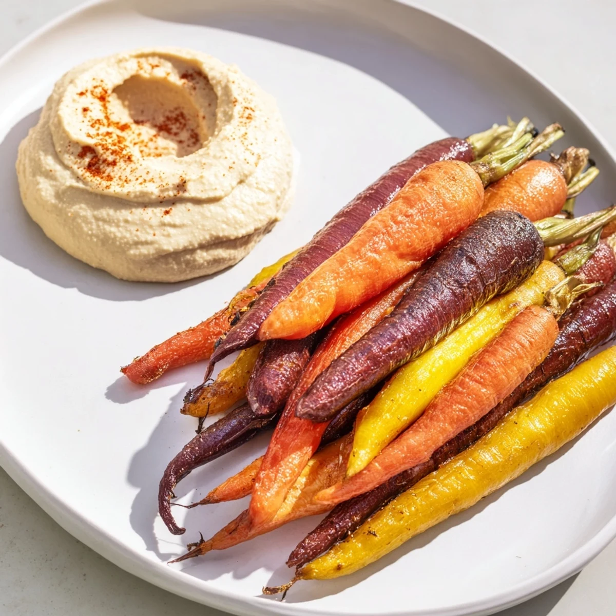 Vibrant multicolored carrots roasted until caramelized, served with a smooth tahini-rich hummus for dipping at a sunny table.