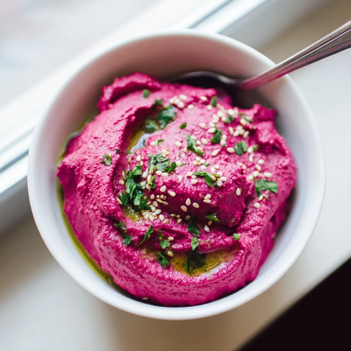 A bowl of vibrant pink roasted beet hummus with a spoon and sliced cucumbers on a rustic wooden table.