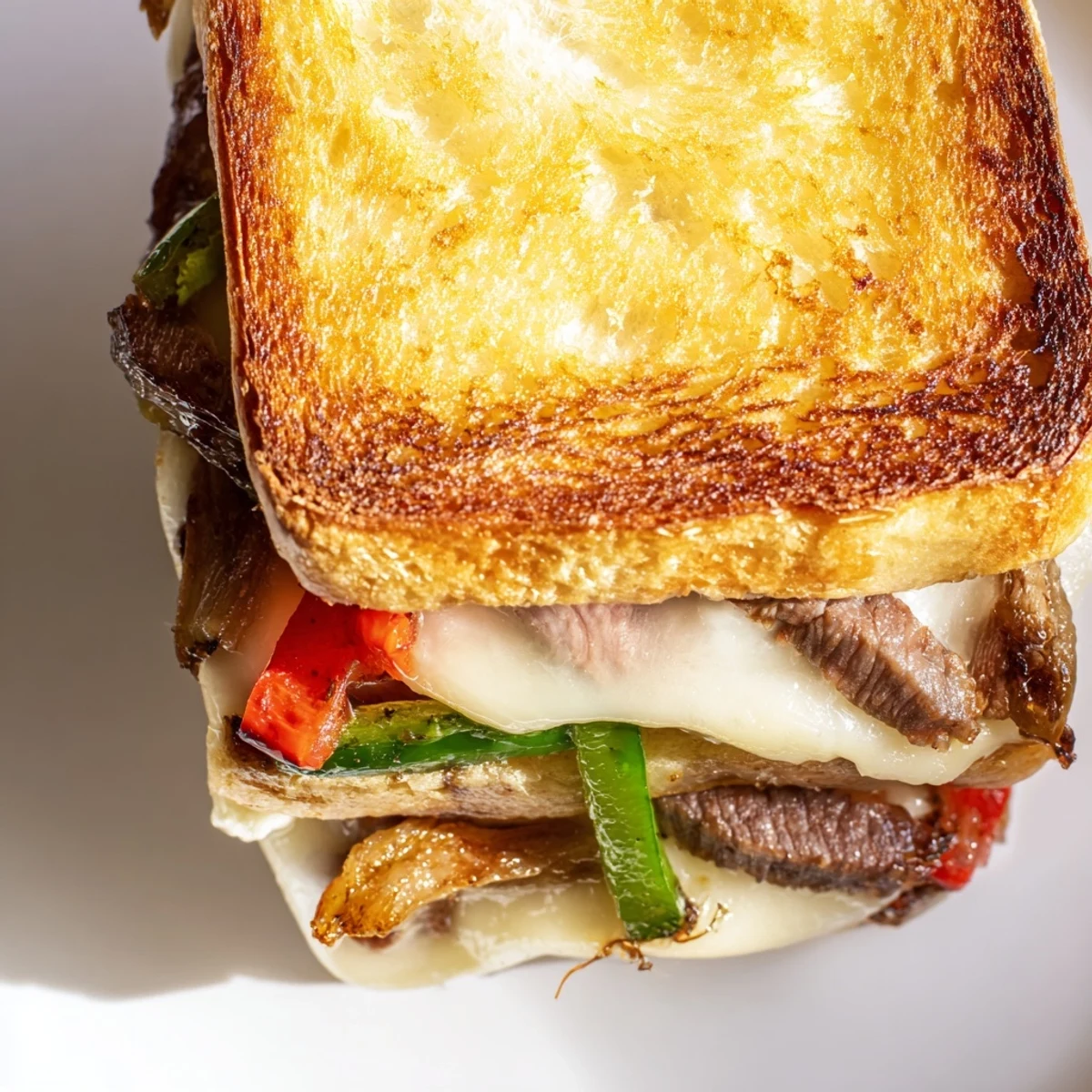 Close-up of a golden-brown Philly Cheesesteak Grilled Cheese sandwich, showing melted provolone and a savory steak and pepper filling.