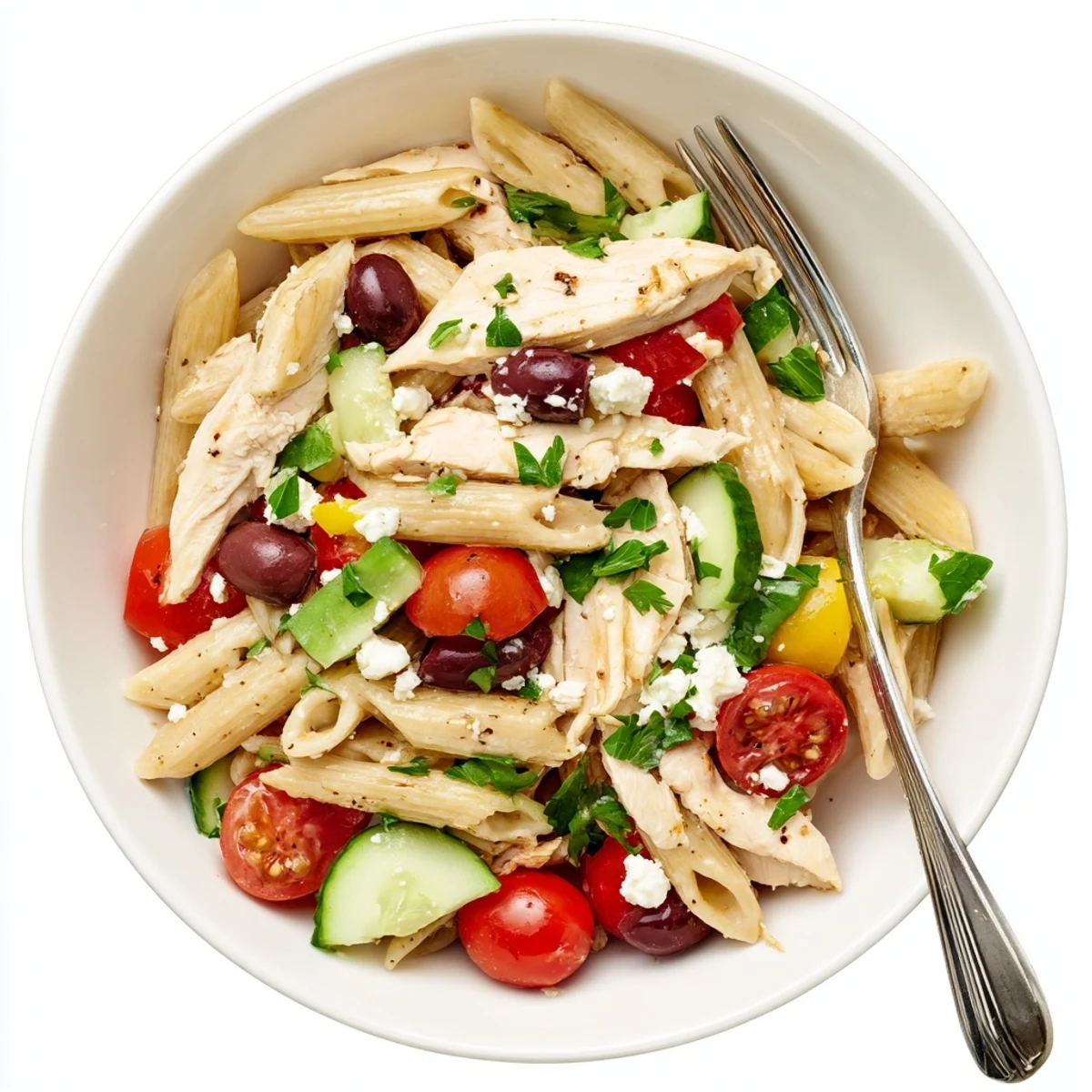 Bright, colorful Greek Chicken Pasta Bowl topped with crumbled feta, fresh parsley, juicy cherry tomatoes, and sliced olives on a rustic table.