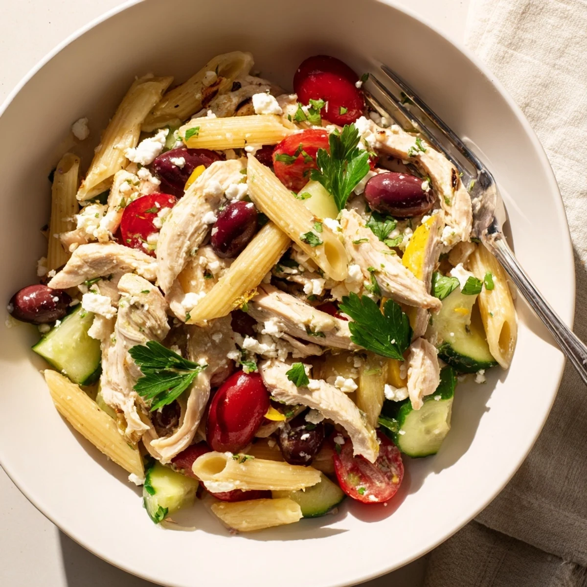 A refreshing Mediterranean pasta bowl with chopped cherry tomatoes, diced cucumbers, and creamy feta cheese served alongside warm, zesty chicken.