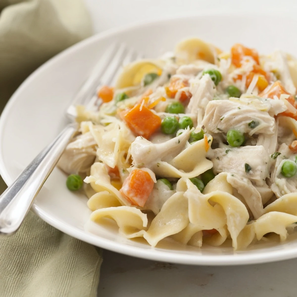 A comforting family dinner: golden egg noodles, savory chicken, and fresh spring vegetables in a light, velvety Parmesan sauce.  