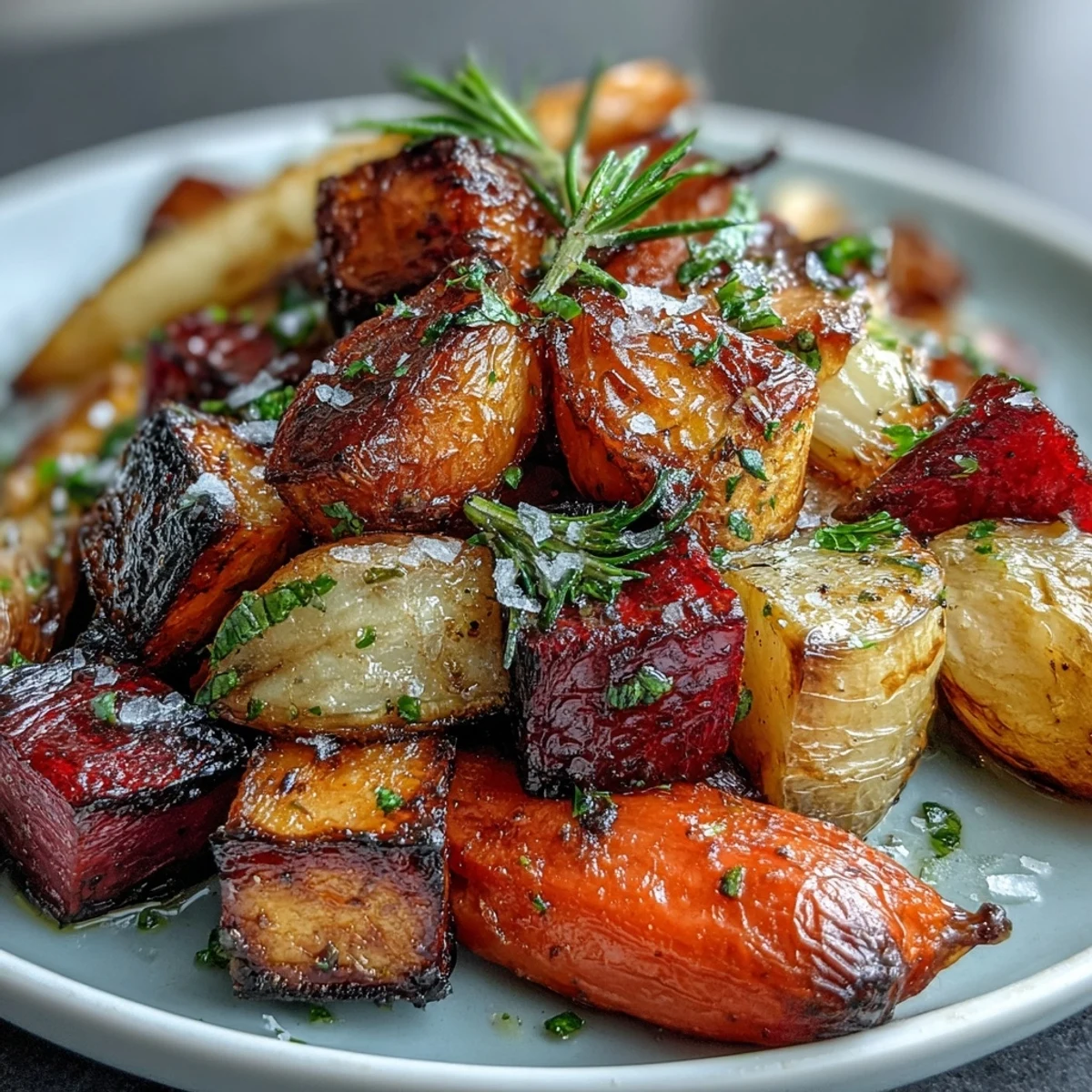 A close-up of Roasted Root Vegetable Medley with caramelized carrots and golden parsnips on a rustic wooden board.  