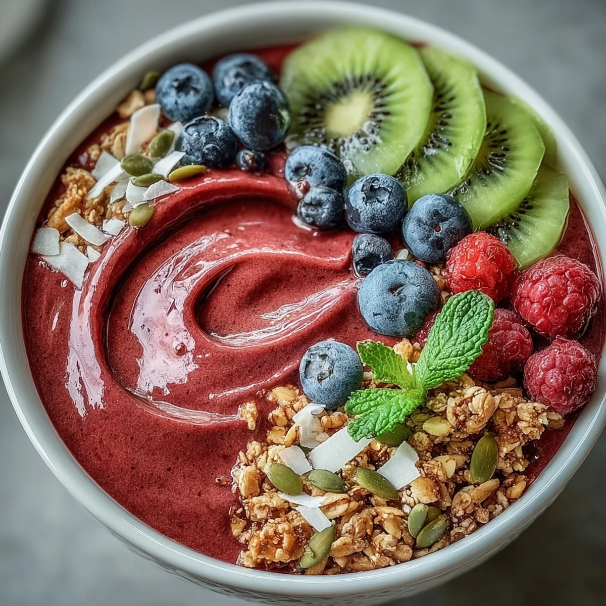 Energizing beet and berry smoothie bowl topped with crunchy granola and fruit.