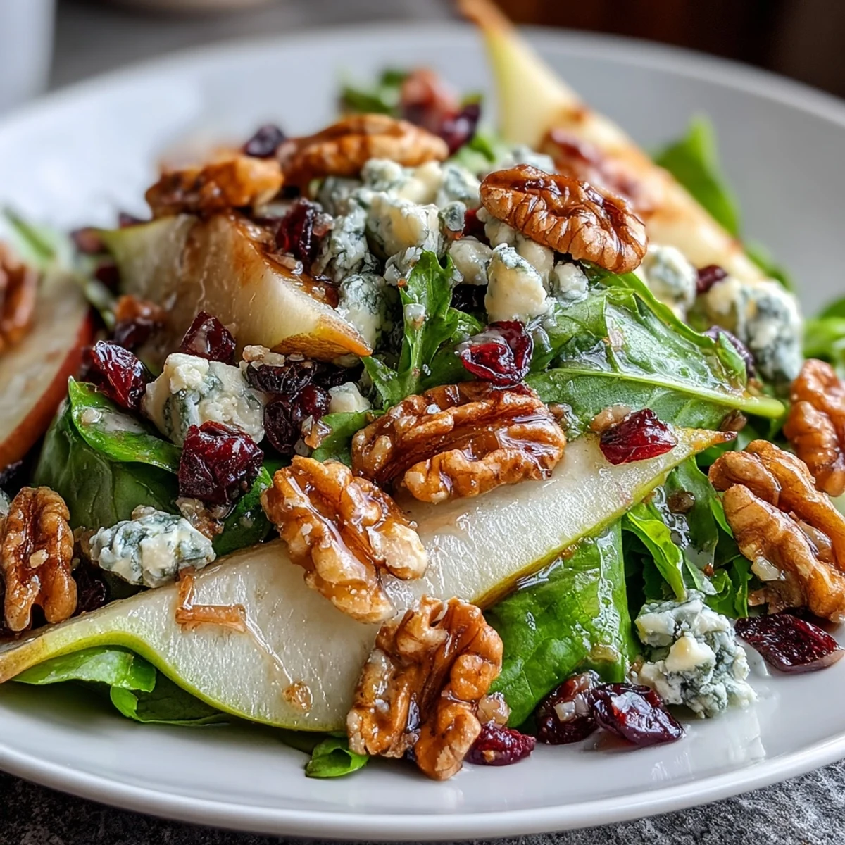 Vibrant Pear Gorgonzola Salad with crunchy walnuts and sweet honey drizzle.