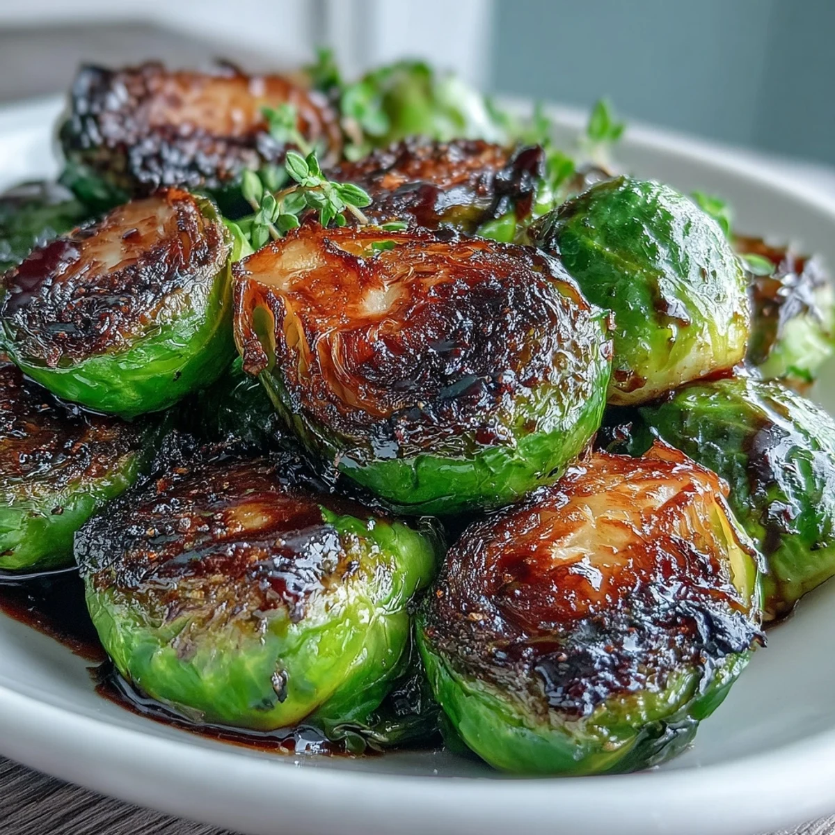 Close-up of glazed Roasted Brussels Sprouts With Balsamic, glistening with syrupy glaze on a rustic platter, ready to serve.