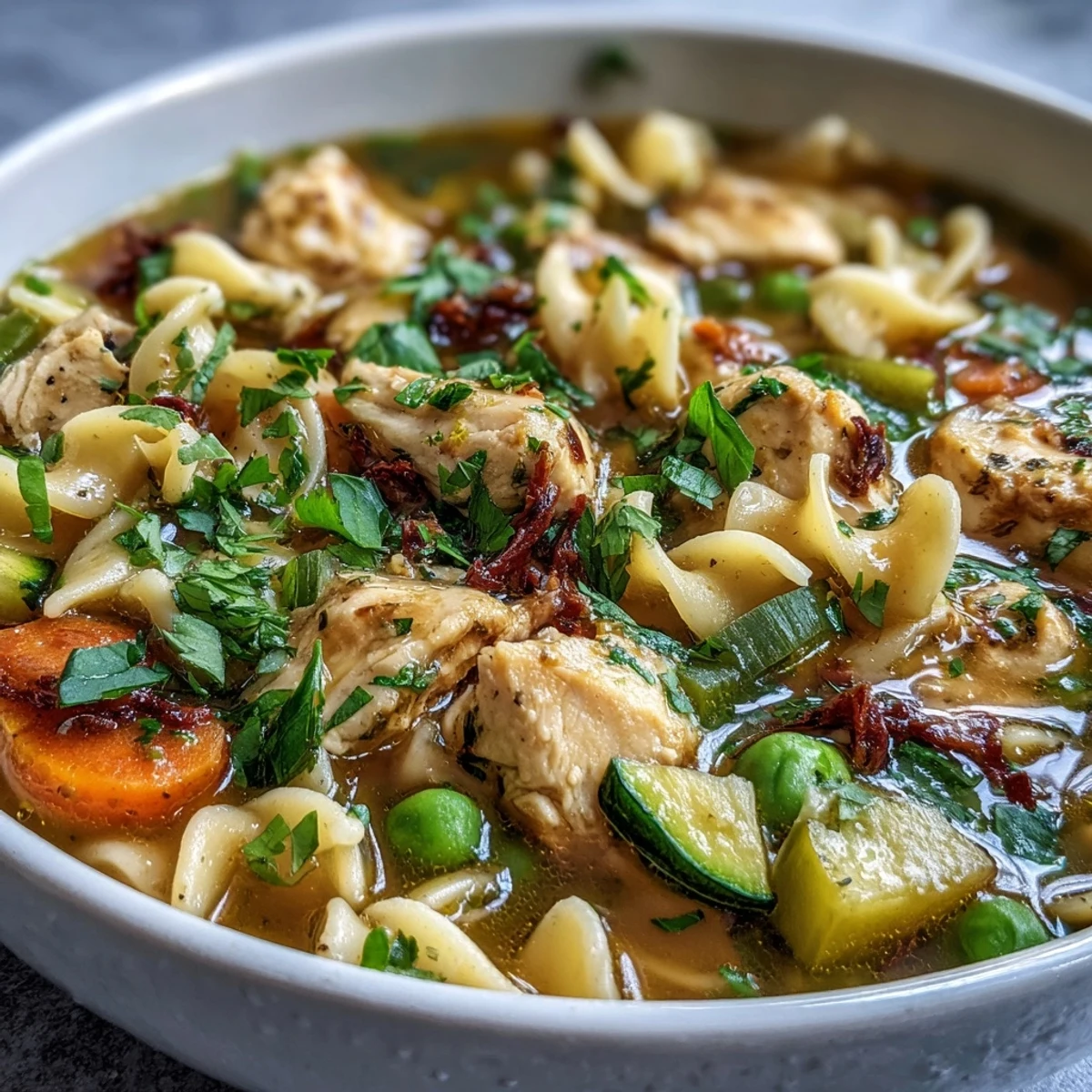 Close-up of Pasta Soup With Chicken and Vegetables featuring tender meat and carrots.