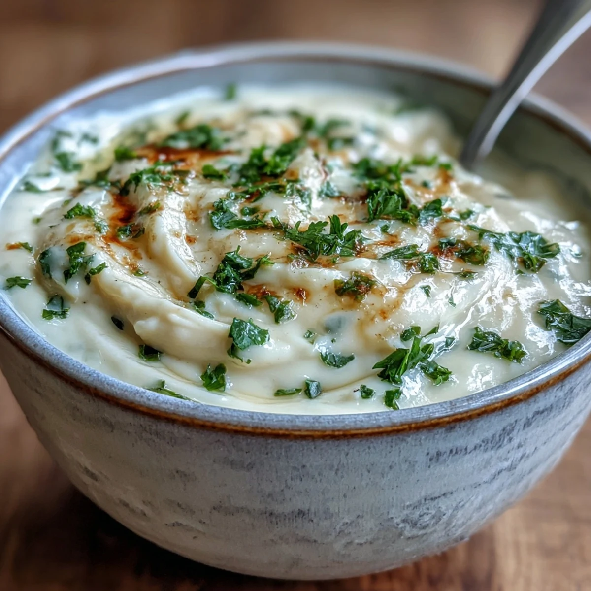 A close-up of smooth White Bean and Parmesan Soup, revealing its velvety texture and aromatic vegetables, steaming in a white ceramic pot.