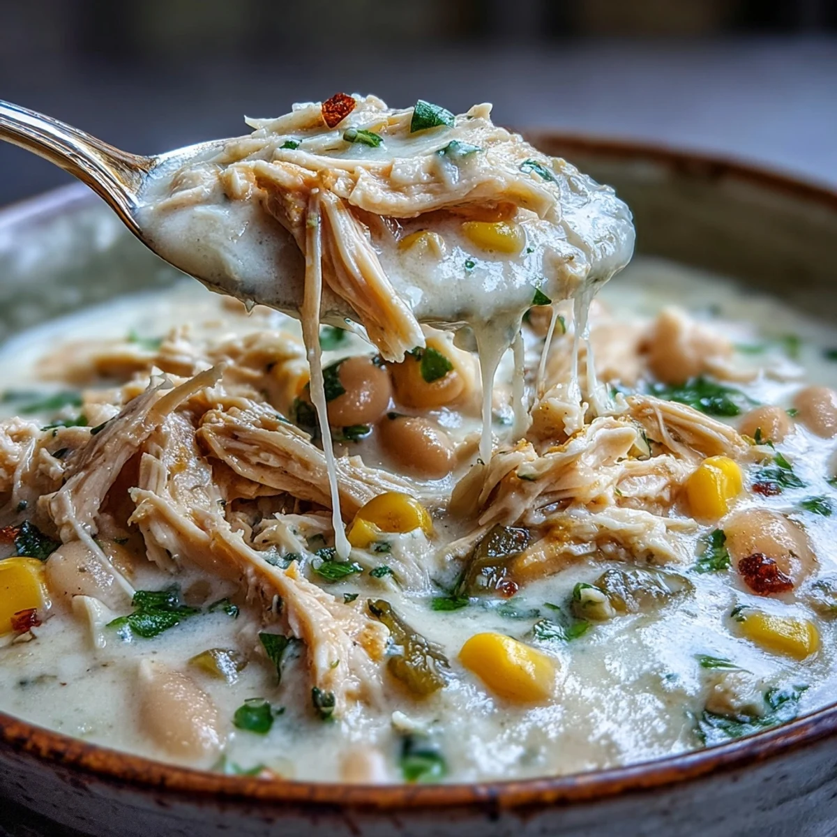 Creamy White Chicken Chili with shredded chicken, white beans, and corn, topped with cilantro and lime wedges on a spoon.