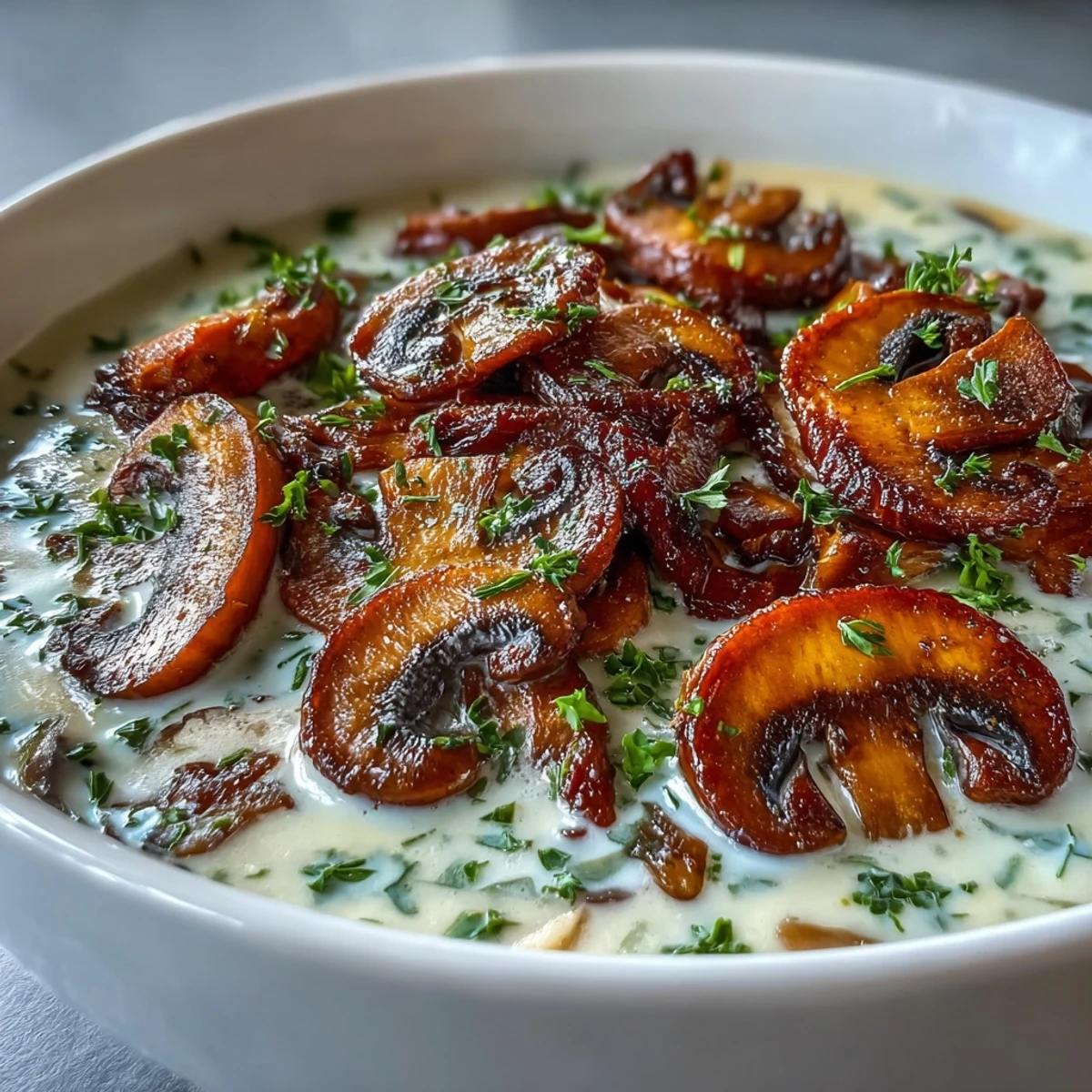 Creamy Mushroom Stroganoff Soup steaming in a rustic bowl, garnished with fresh parsley and a dollop of sour cream, ready to serve.